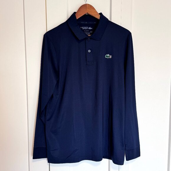 LACOSTE Men's Golf Performance Regular Fit Long Sleeve Polo - Navy - Medium - Picture 1 of 3